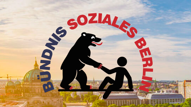 Stilisierte Zeichnung des Berliner Bären, der einem am Boden sitzenden Menschen aufhilft. Im Hintergrund ein Foto mit Panorama-Blick auf Berlin.