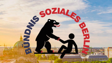 Bündnis Soziales Berlin Stilisierte Zeichnung des Berliner Bären, der einem am Boden sitzenden Menschen aufhilft. Im Hintergrund ein Foto mit Panorama-Blick auf Berlin.