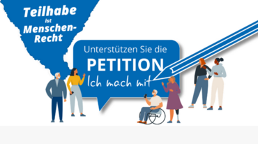 Petition Teilhabe Zeichnungen von verschiedenen Menschen. In der Mitte ein Schild mit der Aufschrift "Petition".