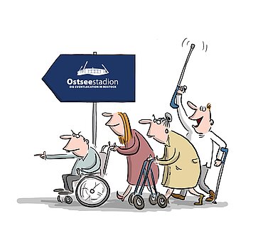 Cartoon mit Menschen mit Krückstock, Gehhilfe und Rollstuhl, die dem Schild "Ostseestadion" folgen.
