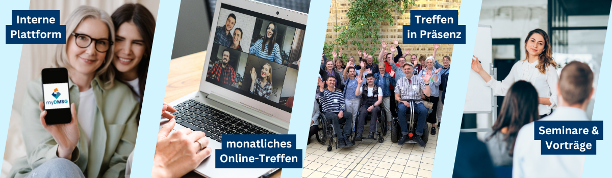 Das Bild zeigt eine Collage: Zwei Frauen mit Handy (Text "Interne Plattform"), Laptop-Bildschirm mit Online-Meeting (Text "monatliches Online-Treffen"), Ehrenamtstreffen 2024 (Text "Treffen in Präsenz") und Vortrag (Text "Seminare und Vorträge")