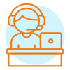 Das Icon zeigt einen Mensch mit Headset an einem Schreibtisch mit einem Computer