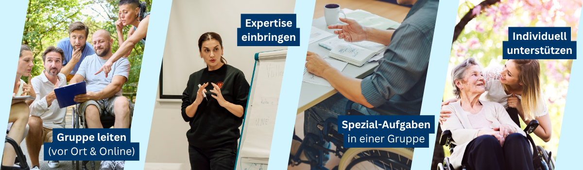 Auf dem Bild sind verschiedene Szenen zu sehen, die zeigen, wie ein Ehrenamt bei uns gestaltet werden kann. Im Bild steht "Gruppe leiten (vor Ort und online)", "Expertise einbringen", "Spezial-Aufgaben in der Gruppe" und "Individuell unterstützen".