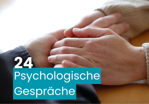 Das Bild zeigt zwei Paar Hände (Nahaufnahme) und den Text "24 psychologische Gespräche"